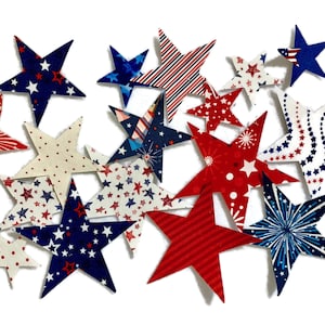 18 Patriotic Fusible Stars - Fabric Applique Iron-on Stars, 6 each of 3 sizes, Fabric Stars, Red, Blue, White