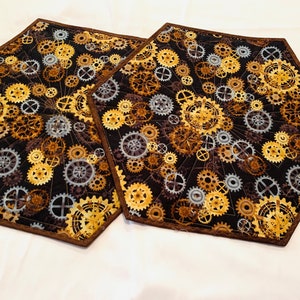 Set of Two Southwestern Quilted Table Toppers in Brown and Blue, Hexagon Southwest Handmade Patchwork Quilts image 9