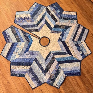 Large Blue & White Christmas Tree Skirt Quilt,  Quilted Handmade Patchwork