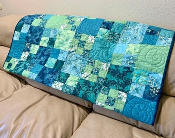 Lagoon Teal Blue and Green Lap Quilt or Sofa Throw, Quilted Handmade Patchwork