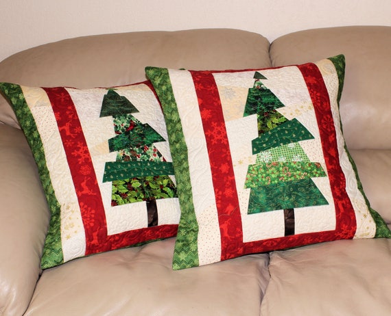 Quilted Christmas Pillows Set of Two Christmas Tree Quilted | Etsy