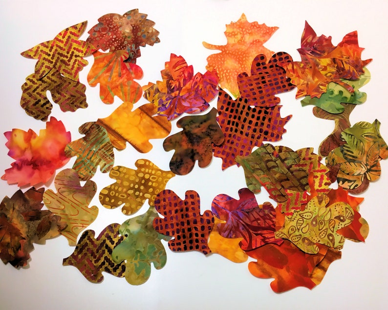 Batik Fabric Applique Iron on Autumn Leaves, Fall Leaves, Maple, Oak, Acorns, Gold, Rust, Green, Brown image 3