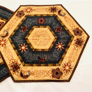 Set of Two Southwestern Quilted Table Toppers in Brown and Blue, Hexagon Southwest Handmade Patchwork Quilts image 2