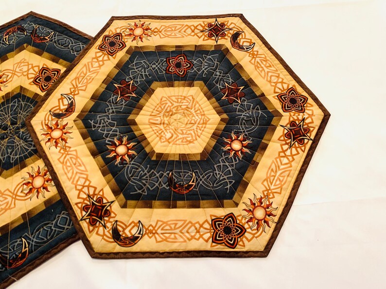 Set of Two Southwestern Quilted Table Toppers in Brown and Blue, Hexagon Southwest Handmade Patchwork Quilts image 2