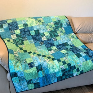 Lagoon Teal Blue and Green Lap Quilt or Sofa Throw, Quilted Handmade Patchwork