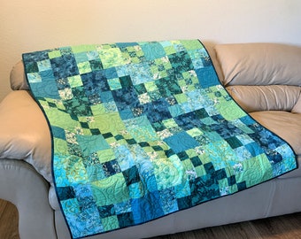 Lagoon Teal Blue and Green Lap Quilt or Sofa Throw, Quilted Handmade Patchwork