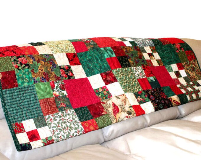 Christmas Sofa Throw Quilt Cardinals and Poinsettias Etsy