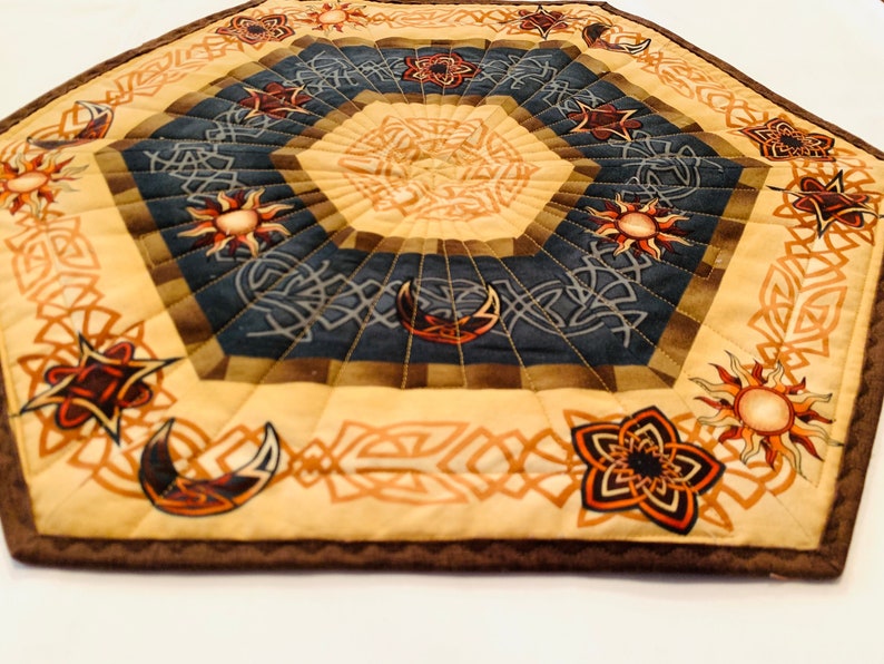 Set of Two Southwestern Quilted Table Toppers in Brown and Blue, Hexagon Southwest Handmade Patchwork Quilts image 4