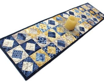 Indigo, Gold and Gray Table or Piano Runner Quilt, Lil Kim Runner,  Tochi Handmade Patchwork Quilt