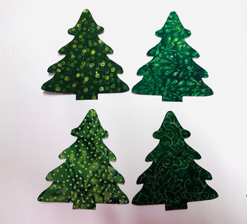 Five Fabric Pine Trees Applique Iron-Ons, Batik Christmas Trees or Winter Decor Sold in Sets of 5 ASSORTED pieces image 4