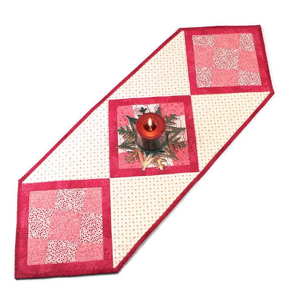 Quilted Table Runner, Pink and Cream Crazy Nine Patch Table Runner Quilt, Valentine's Day, Wedding Decor