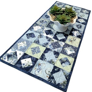 Blue and Green Quilted Table Runner with Flowers and Bicycles, Handmade Patchwork Quilt