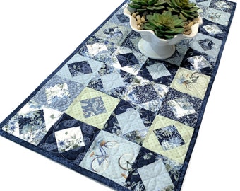 Blue and Green Quilted Table Runner with Flowers and Bicycles, Handmade Patchwork Quilt