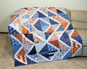 Quilted Sofa Throw in Rusty Brown and Blue, Kawa Handmade Patchwork Lap Quilt, Gift for Dad, Great Guy Quilt