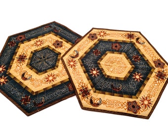 Set of Two Southwestern Quilted Table Toppers in Brown and Blue, Hexagon Southwest Handmade Patchwork Quilts