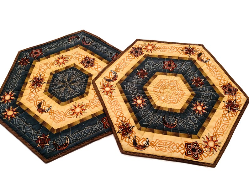 Set of Two Southwestern Quilted Table Toppers in Brown and Blue, Hexagon Southwest Handmade Patchwork Quilts image 1