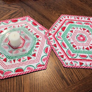 TWO Watermelon Quilted Table Toppers or Candle Mats, Hexagon  Pink and Green Handmade Patchwork Mini Quilts, Summer Picnic Decor