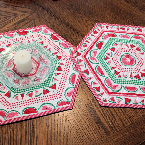 TWO Watermelon Quilted Table Toppers or Candle Mats, Hexagon  Pink and Green Handmade Patchwork Mini Quilts, Summer Picnic Decor
