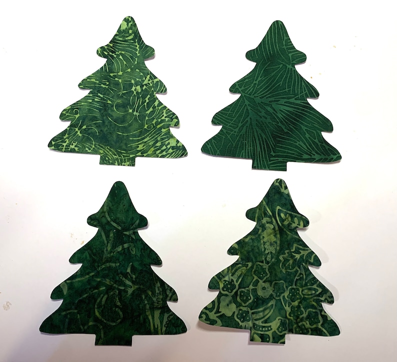 Five Fabric Pine Trees Applique Iron-Ons, Batik Christmas Trees or Winter Decor Sold in Sets of 5 ASSORTED pieces image 3