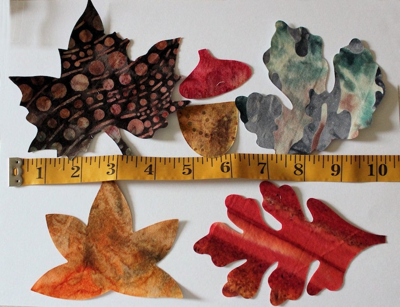 Batik Fabric Applique Iron on Autumn Leaves, Fall Leaves, Maple, Oak, Acorns, Gold, Rust, Green, Brown image 2