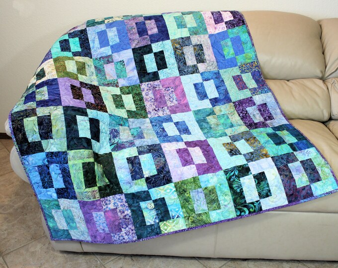 Batik Lap Quilt, Purple, Blue and Green Scrappy Handmade Patchwork Sofa ...