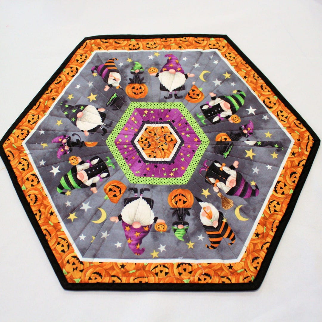 Halloween Hexagon Quilted Table Topper With Pumpkins and Gnomes - Etsy