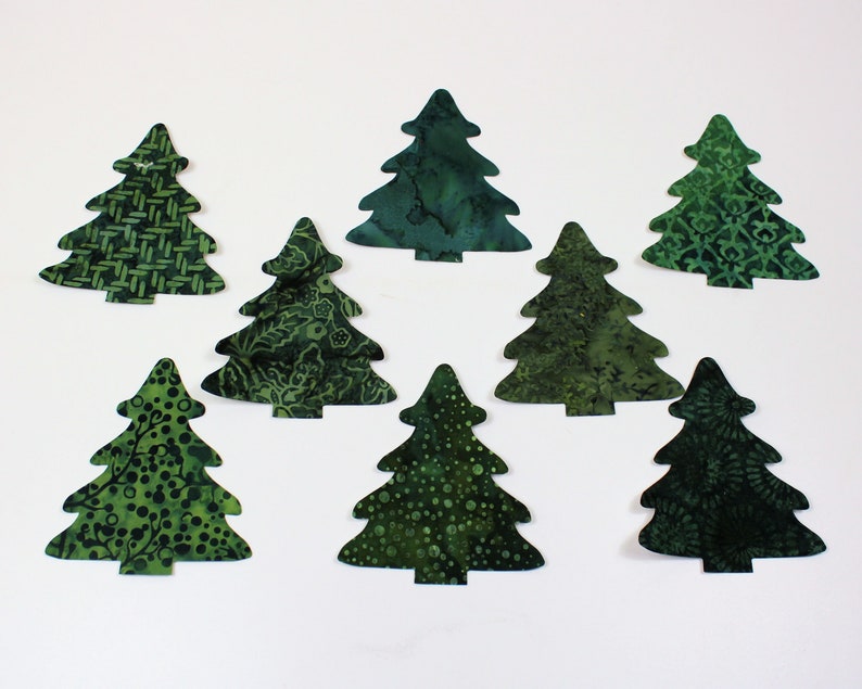 Five Fabric Pine Trees Applique Iron-Ons, Batik Christmas Trees or Winter Decor Sold in Sets of 5 ASSORTED pieces image 1