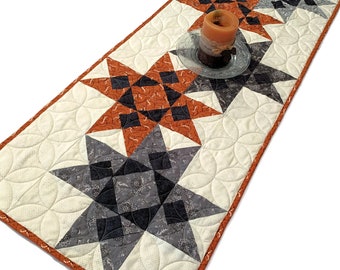 Rustic Quilted Table Runner - "Kingston" Star Table Runner Quilt in Rust and Gray, Handmade Patchwork Quilt