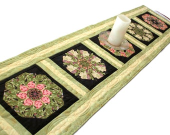 Long Floral Quilted Table Runner in Pink, Green and Black, Asian Style Stack and Whack Table Runner Quilt, Handmade Patchwork