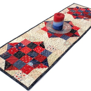 Quilted Table Runner in Red White and Blue, Patriotic Table Runner Quilt, Handmade Abundance Patchwork Quilt for 4th of July