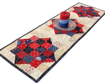 Quilted Table Runner in Red White and Blue, Patriotic Table Runner Quilt, Handmade Abundance Patchwork Quilt for 4th of July