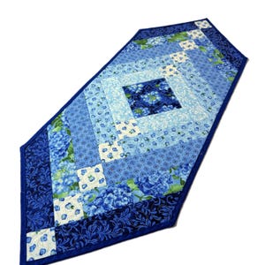 May include: A blue quilted table runner with a floral pattern. The runner features a central square design surrounded by concentric rectangles in varying shades of blue. Floral and geometric patterns are incorporated throughout the design. The edges are finished with a dark blue border.