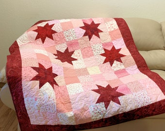 Valentine Stars Quilted Sofa Throw, Lap Quilt, Pink and Burgungey Quilted Throw Blanket,  Washable Handmade Patchwork Quilt