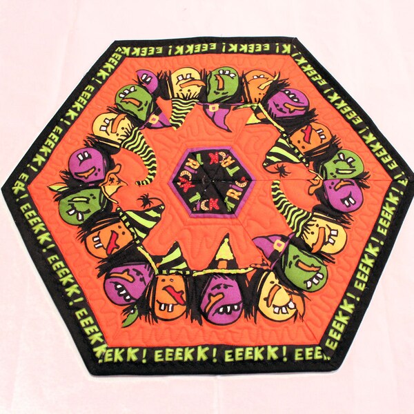 Set of TWO Witch Halloween Table Toppers, Candle Mat Quilts Table Runners, Halloween Decor Orange Hexagons