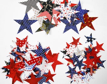 18 Patriotic Fusible Stars - Fabric Applique Iron-on Stars, 6 each of 3 sizes, Fabric Stars, Red, Blue, White