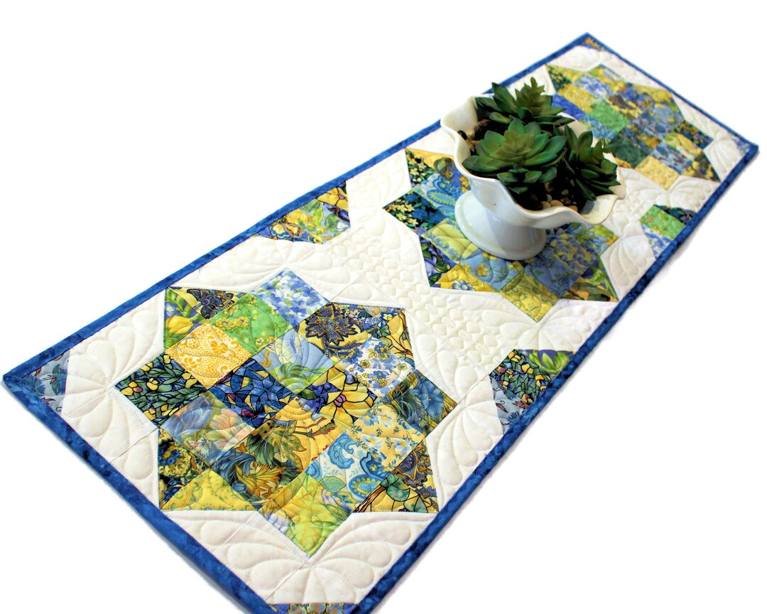 Blue and Yellow Quilted Table Runner, Summer Abundance Handmade Patchwork Quilt, Mother's Day