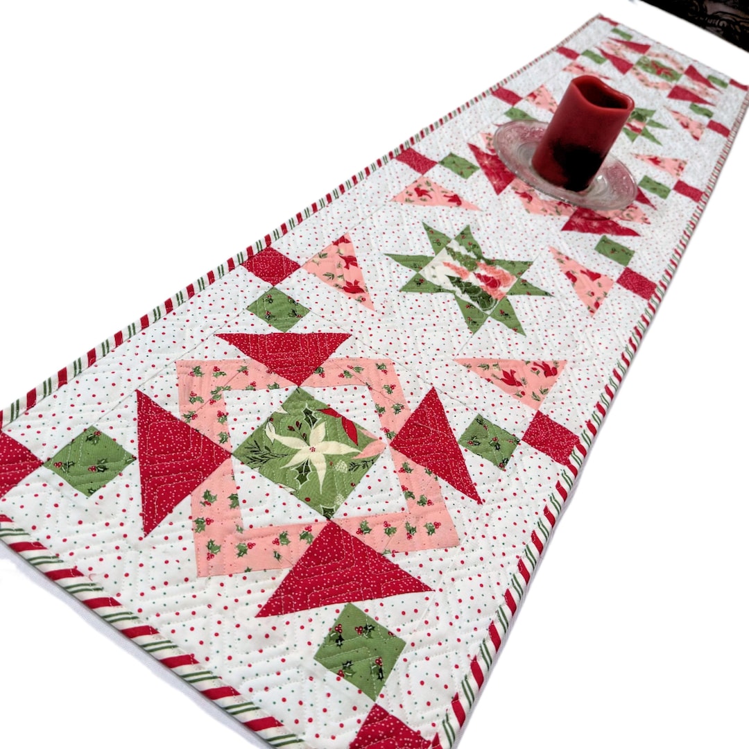 Pink, Red and Green Star Christmas Table Runner Quilt, Quilted Handmade