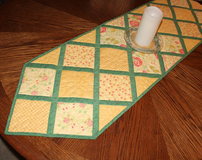 Yellow Quilted Table Runner, Butter Yellow and Green Table Topper Quilt, Floral Table Runner