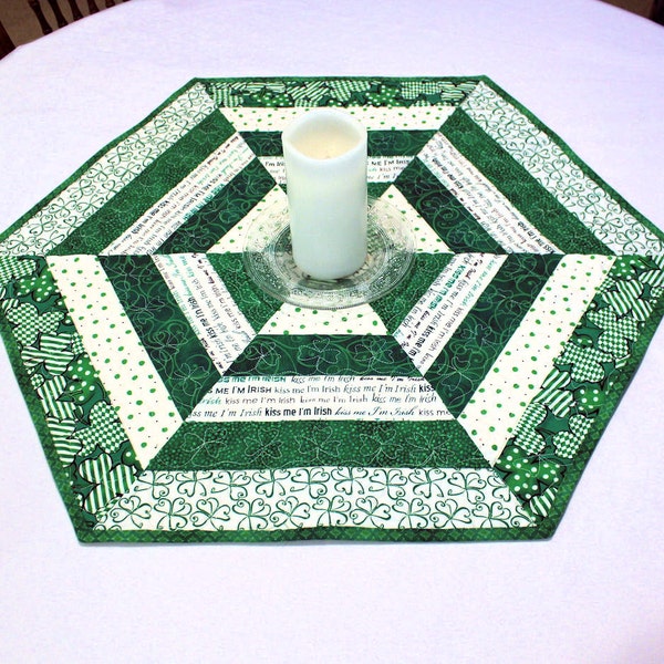 Hexagon Quilted St. Patrick's Day Table Topper  or Candle Mat, Green, White,  Shamrocks Table Runner Quilt, Kiss Me I'm Irish Cotton Fabric