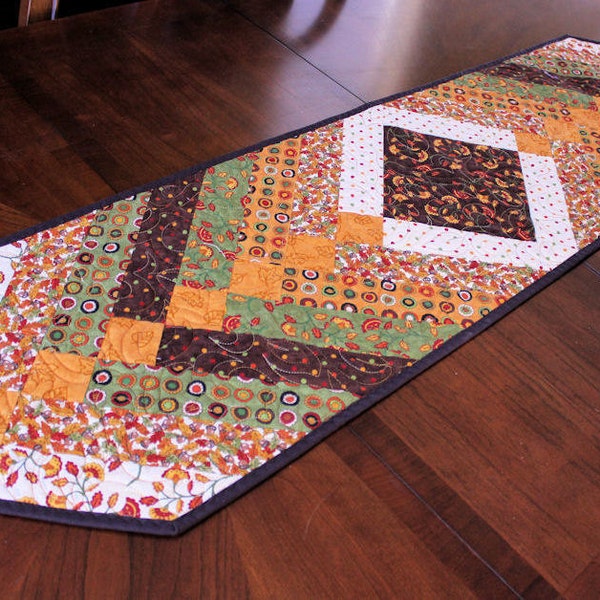 Autumn Fall Table Runner Quilt - Green Gold and Brown