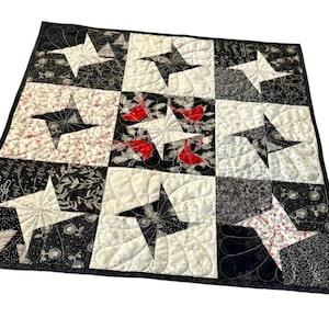 Black and Silver Cardinals Christmas Table Runner Quilt: 24 inches square