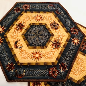 Set of Two Southwestern Quilted Table Toppers in Brown and Blue, Hexagon Southwest Handmade Patchwork Quilts image 3