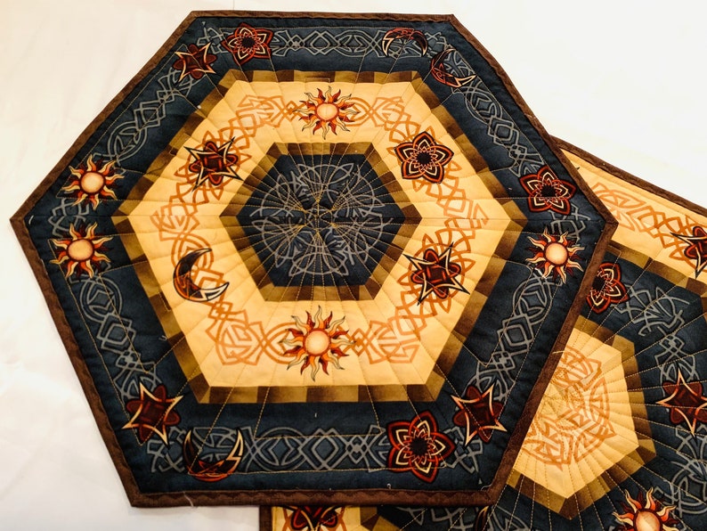 Set of Two Southwestern Quilted Table Toppers in Brown and Blue, Hexagon Southwest Handmade Patchwork Quilts image 3