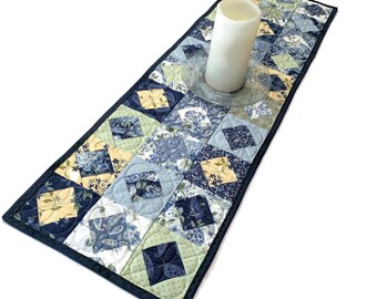 Bohemian Blue Floral Quilted Table Runner in Blue and Green, Handmade Patchwork Quilt