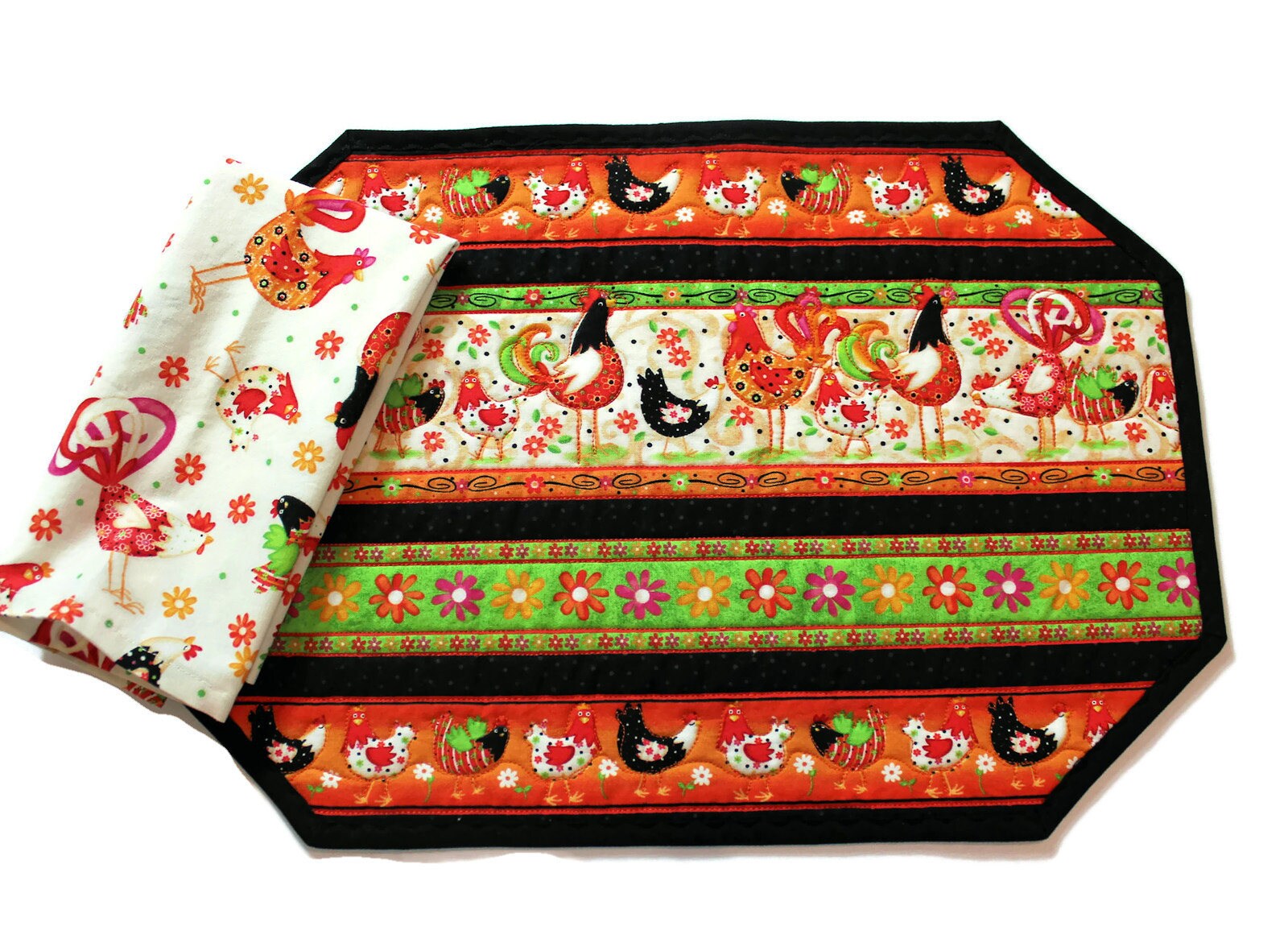 Chickens Placemats and Napkins Set of FOUR each Orange and