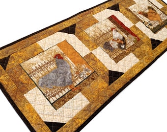 Chickens! Quilted Table Runner in Brown, Gold and Cream, Handmade Patchwork Quilt