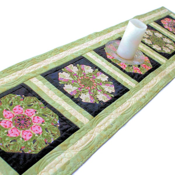 Long Spring Quilted Table Runner in Pink, Green and Black, Handmade Patchwork Quilt