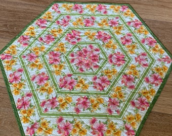 Green and Yellow Floral Quilt, Quilted Table Topper, Handmade Patchwork Hexagon Centerpiece Quilt