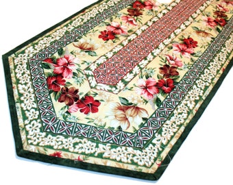 Pink and Green Floral Table Runner Quilt, Asian Inspired Quilted Table Runner