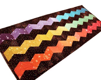 Rainbow Chevron Quilted Table Runner, Mardi Gras Quilt, Handmade Patchwork+.